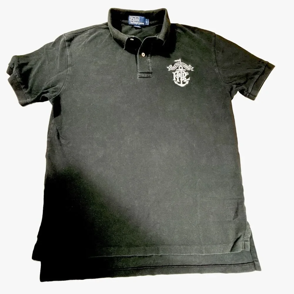 Vintage Polo Ralph Lauren SS Polo Shirt Mens Size Large Black Nautical Crest Y2K
